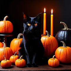 Image showing Halloween etude with a black cat and pumpkins