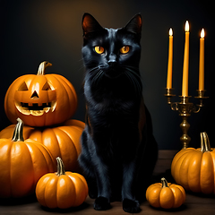 Image showing Halloween etude with a black cat and pumpkins