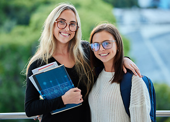 Image showing Lesbian, students and couple portrait with smile, hug and books for study at college with love, bonding and care. Gen z, lgbtq couple and excited face for learning, education or university experience
