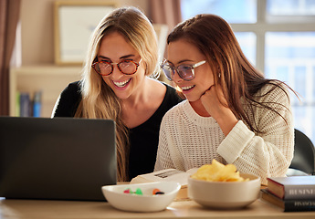 Image showing Laptop, women and friends laughing in home while streaming video or comedy movie. Technology, computer and happy girls bonding while watching film, having fun and laugh at comic joke, meme or humor.