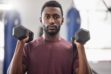 Image showing Black man, portrait and dumbbell workout in gym for strong power, wellness exercise and serious mindset. Bodybuilder, fitness and male training with weights for health, sports energy or muscle growth