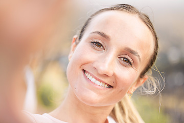 Image showing Portrait, selfie and woman in nature for wellness, relax or training, happy and smile on blurred background. Face, girl and runner pose for profile picture, photo or social media update after workout