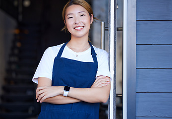 Image showing Happy, cafe and portrait of Asian woman at door for welcome, waitress and entrepreneur in startup. Small business, smile and manager with girl barista in coffee shop for retail, restaurant or service