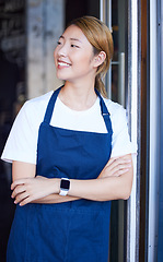 Image showing Open, happy and Asian woman at door of cafe for welcome, waitress and entrepreneur in startup. Small business, smile and manager with girl barista in coffee shop for retail, restaurant and service