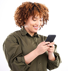 Image showing Black woman, phone connection and studio with a young model on social media networking app. Online, streaming and web conversation with a African female looking at happy text with a smile on mobile