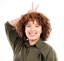 Image showing Portrait, black woman and peace sign for support, happiness and community with girl isolated on white studio background. Face, African American female and lady with smile, v hand gesture and joyful