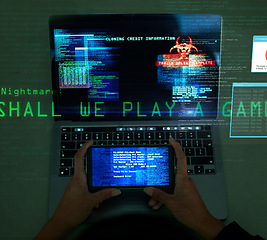 Image showing Laptop screen, hands and hacking data for online cyber crime, digital thief and coding software malware, phishing or fraud. Hacker phone app and cybersecurity overlay, ransomware on gaming computer