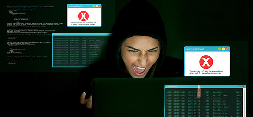 Image showing Angry, hacking and hacker man for cyber security, coding software, block server and error code for data protection. Frustrated programmer, cyberpunk thief or tech person fail crime in digital overlay