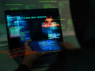 Image showing Cybersecurity, fraud and hands on a laptop and phone while programming or hacking a website. Scam, cyber attack and man hacker coding on a computer to steal information or data technology in the dark