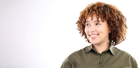 Image showing Thinking, mockup and branding with a black woman in studio on a gray background for product placement. Idea, mock up and advertising with an attractive young female against a blank wall of space