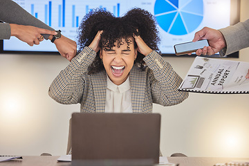 Image showing Stress, screaming and overworked with black woman and laptop for compliance, accountability or tax audit. Headache, mental health and anxiety with employee shouting for multitasking, burnout and fail