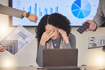 Image showing Stress, headache and overworked with black woman and laptop for compliance, accountability or tax audit. Depression, mental health and anxiety with employee shouting for multitasking, burnout or fail