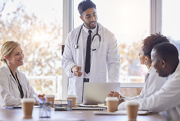 Image showing Indian doctor, medical collaboration and discussion in a hospital conference room with diversity. Work conversation, healthcare and wellness team talking about teamwork idea and insurance strategy