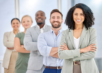 Image showing Teamwork, black woman portrait and diversity of office team happy about collaboration and management. We are hiring, about us and our vision working group proud with a smile and corporate success