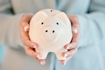 Image showing Piggy bank savings, investment and woman hands investing in wealth, financial business growth or budget. Accounting person with profit, finance management and banking cashback, security or insurance