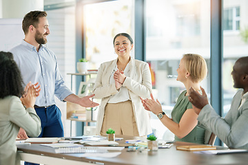 Image showing Woman promotion applause, celebration and business people clapping for employee growth or success goals. Happy management, congratulations cheers and diversity sales team celebrate worker achievement