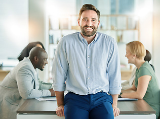 Image showing Leader, leadership and man startup founder happy with company strategy in a meeting with a positive mindset in a boardroom. Portrait, smile and business man confident, proud and excited for future