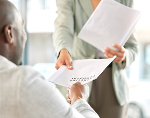 Image showing Business meeting, partnership and marketing proposal with paperwork and team, working together and strategy. Advertising agency, woman handing man document with collaboration, teamwork and planning