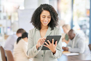 Image showing Happy, black woman and digital tablet in office for planning, app and schedule against blurred background. Business, leader and female with digital marketing, advertising or creative idea for startup