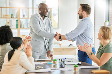 Image showing Applause, diversity acquisition handshake and business people celebrate investment, b2b contract deal or merger success. Client negotiation meeting, excited hand shake and group partnership agreement