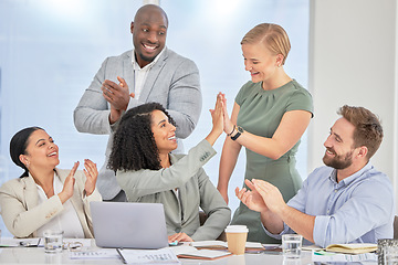 Image showing High five, finance business people and success of stock market investment team in a office. Trading, winner and teamwork motivation of a corporate group with happiness from trading achievement