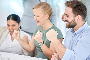 Image showing Motivation, winning and business people cheering for success, achievement and team promotion. Celebrate, happy and group of excited employees with a corporate win, project celebration and good news