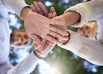 Image showing Support, solidarity and hands of people in nature for teamwork, community and motivation. Goal, excited and low view of friends with a gesture for success, collaboration and unity in a park or garden