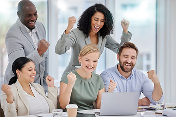 Image showing Laptop, excited and diversity team celebrate good online feedback, stock market achievement or ecommerce profit. Crypto NFT winner, forex trading group or happy trader celebration for bitcoin success