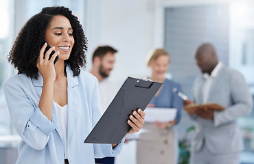Image showing Black woman, business smile and phone call with document, clipboard and information for proposal. Smile of entrepreneur person talking on smartphone for schedule, consultation or budget data report