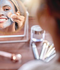 Image showing Makeup, face mask and woman cleaning cosmetic product as self care, skincare and facial for beauty in a home. Skin, treatment and morning routine with a swab, cotton pad and clay for detox