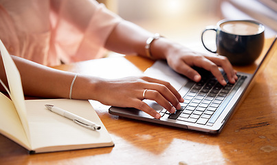 Image showing Laptop, typing and woman hands planning, online research and brainstorming ideas for remote work opportunity. Closeup of young person notebook and computer for copywriting inspiration in creative job