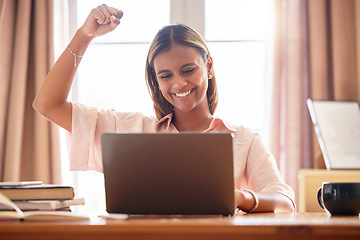 Image showing Laptop, student and success celebration of woman in home after achievement, studying goals or targets. Scholarship winner, learning and smile of happy female after good news or education victory.