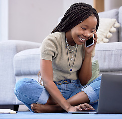 Image showing Happy, student and phone call by girl on laptop for study, smile and relax while talking in her home. Internet, search or distance learning, remote or homeschool for teen female with online homework