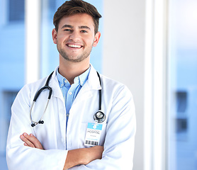 Image showing Portrait of a young male doctor in healthcare internship opportunity, career and happy hospital service. Face or headshot of a proud medical person, cardiologist or man with leadership and integrity