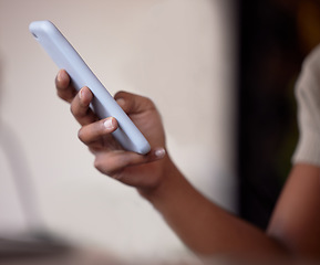 Image showing Woman, hands and typing on smartphone for connection, social media post and reading notification. Closeup female with mobile app, technology and search internet on website, digital network or contact