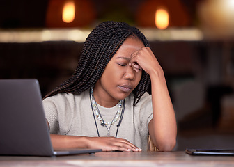 Image showing Burnout, laptop and black woman with headache, depression and mental health for small business. African American female employee, consultant and entrepreneur with device, migraine and frustration