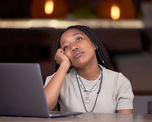 Image showing Tired, bored and thinking black woman at work with depression, stress and sad about workload. Idea, problem and depressed African employee with contemplation about a project, task or deadline