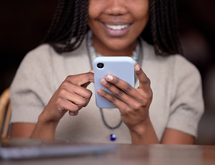 Image showing Closeup, black hands and smartphone for connection, typing and search website for information. Zoom, African American female and lady with cellphone, social media or networking with signal and smile