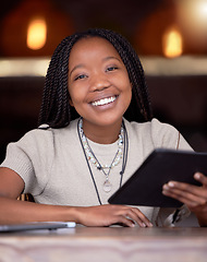 Image showing Portrait, black woman and tablet with connection, social media and search website for information. Face, African American female and girl with device, online reading and share post with happiness