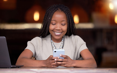 Image showing Black woman, phone and smile for social media, communication or chatting and texting at cafe. Happy African American female freelancer smiling for wifi on mobile app, browsing or chat on smartphone
