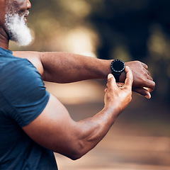 Image showing Smart watch screen, hands and outdoor for fitness and exercise time or performance. Senior black man with health app button to check heart, steps and clock or workout progress mockup in forest