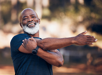 Image showing Black man, portrait and stretching for exercise outdoor in nature forest for fitness and healthy lifestyle. Senior person smile for workout, training and muscle warm up for cardio health and wellness