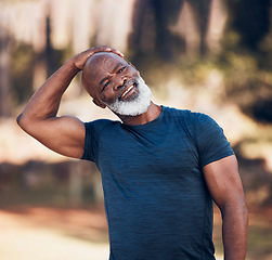 Image showing Senior man, stretching neck and exercise outdoor in nature forest for fitness and healthy lifestyle. Happy black person doing workout, training and muscle warm up for cardio body health and wellness