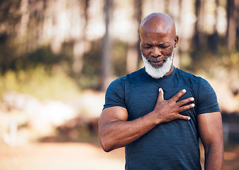 Image showing Black man, heart attack and health for outdoor exercise, park and running workout. Senior sports male, chest and stroke for fitness emergency, asthma and muscle pain from cardiac injury, risk or body