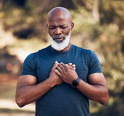 Image showing Black man, pain and heart attack from outdoor exercise, running workout or health. Senior sports male, chest and stroke of fitness emergency, asthma and risk of cardiac arrest, body injury or problem