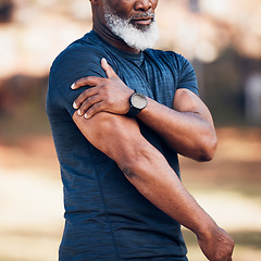 Image showing Senior black man, shoulder pain or injury in nature after accident, workout or training. Sports, health or elderly male athlete with fibromyalgia, inflammation or tendinitis, arthritis or painful arm