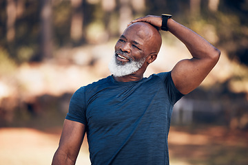 Image showing Black man, exercise and stretching for fitness warm up before running outdoor for motivation. Senior person with smile in nature forest for muscle workout and training for cardio, health and wellness