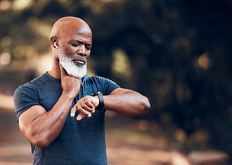 Image showing Black man, exercise and smartwatch to check heart rate and listening to music and running outdoor. Senior person with watch in nature forest for workout, fitness and training for health and wellness