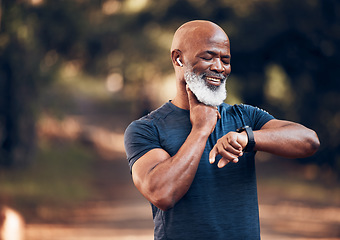 Image showing Fitness, black man and watch for pulse time and exercise while listening to music outdoor. Senior person with happy smartwatch for performance in forest with training workout for health and wellness
