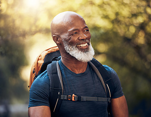 Image showing Fitness, hiking and happy with black man in forest for freedom, health and sports training. Exercise, peace and wellness with senior hiker trekking in nature for travel, summer break and adventure